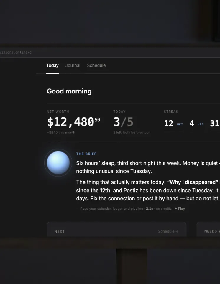 The OS’s Today screen on the monitor: net worth, the streak, and the morning brief.